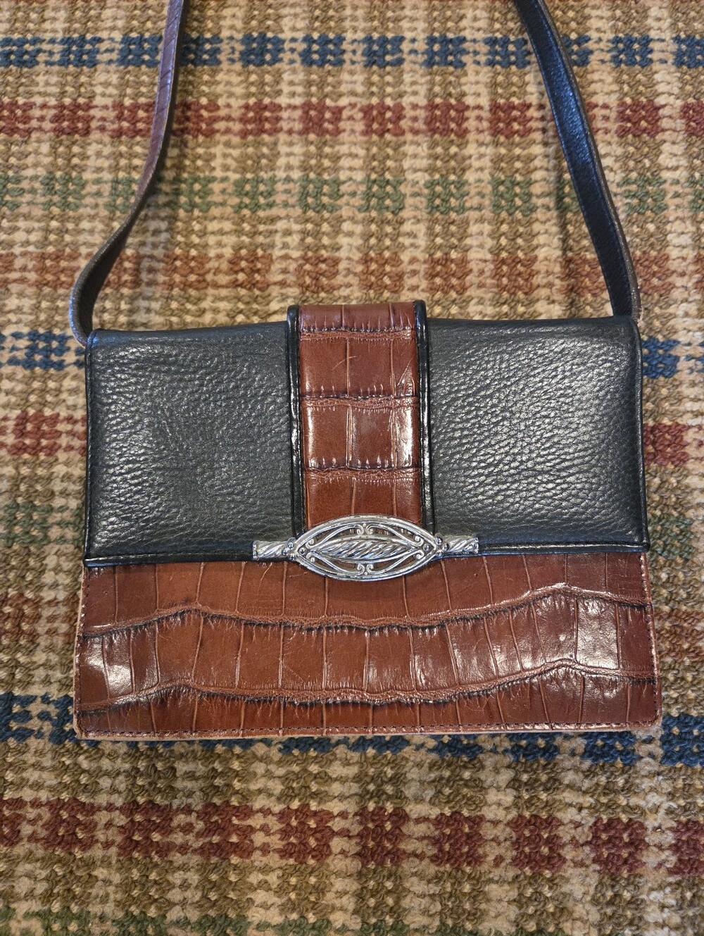 Vintage Brighton Multi-Compartment Croc-Embossed Leather Crossbody Wallet Purse